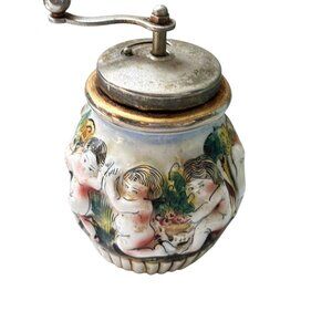 Vintage Capodimonte Cherub Peppermill Grinder Hand Painted Metal Crank Mill